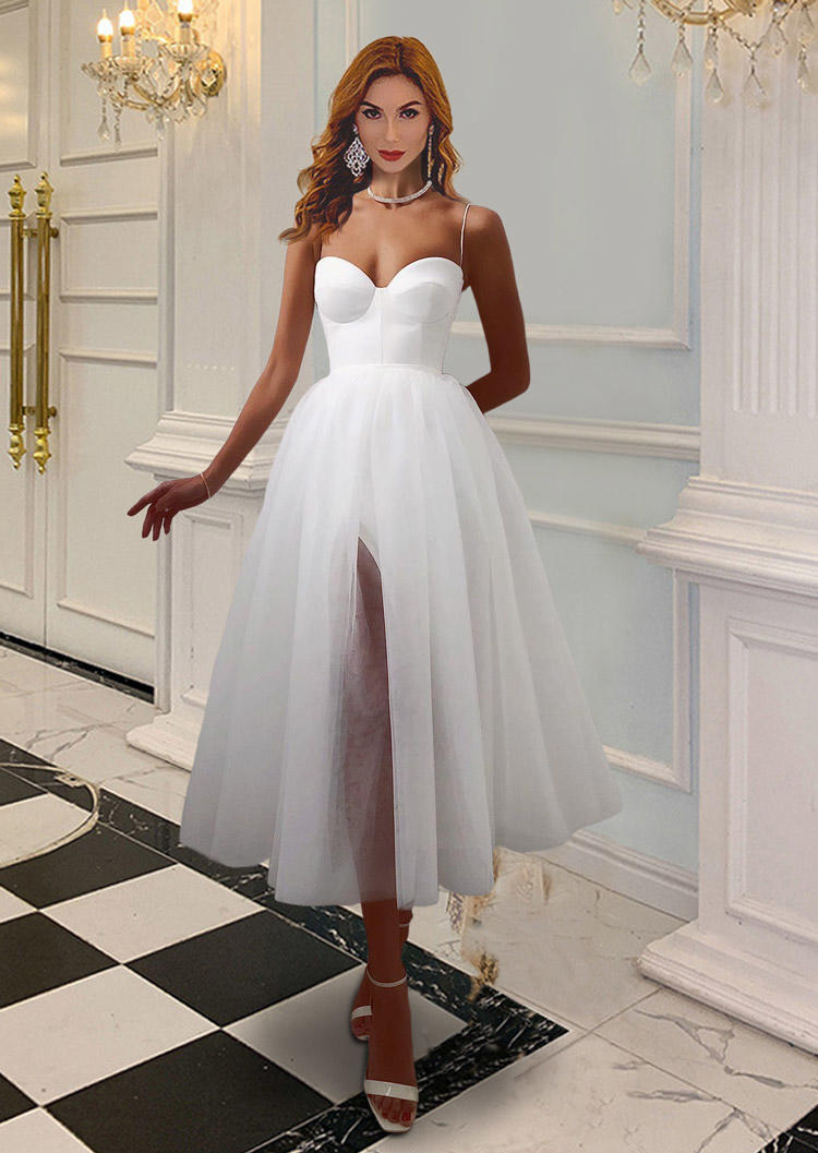 

Mesh Spaghetti Strap Gown Prom Dress - White, 526682
