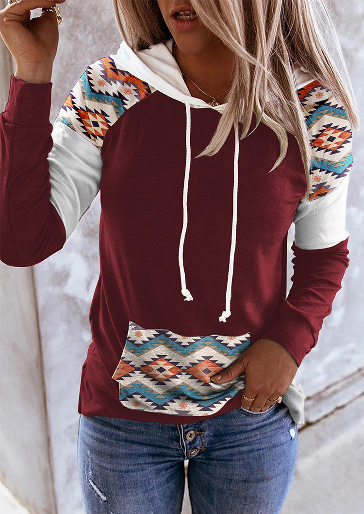 

Aztec Geometric Kangaroo Pocket Hoodie - Burgundy, 526750