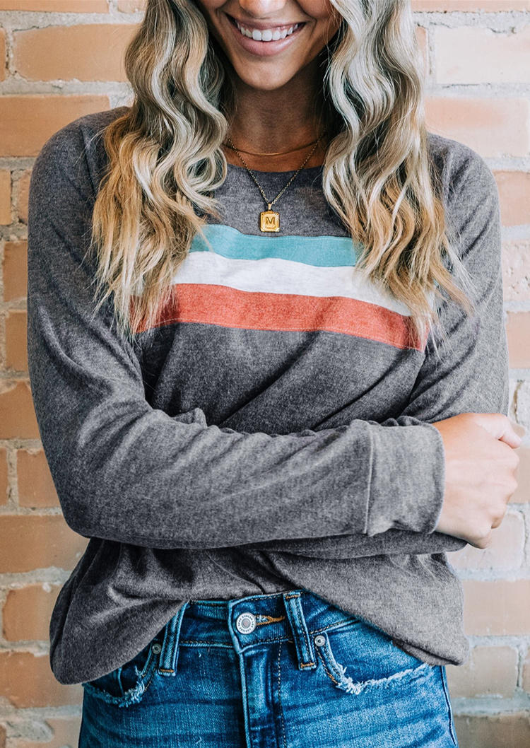 

Colorful Striped Long Sleeve T-Shirt Tee - Gray, 526162