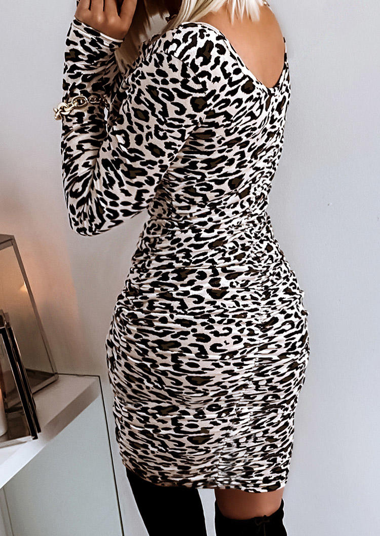 Ruched Leopard Long Sleeve Bodycon Dress