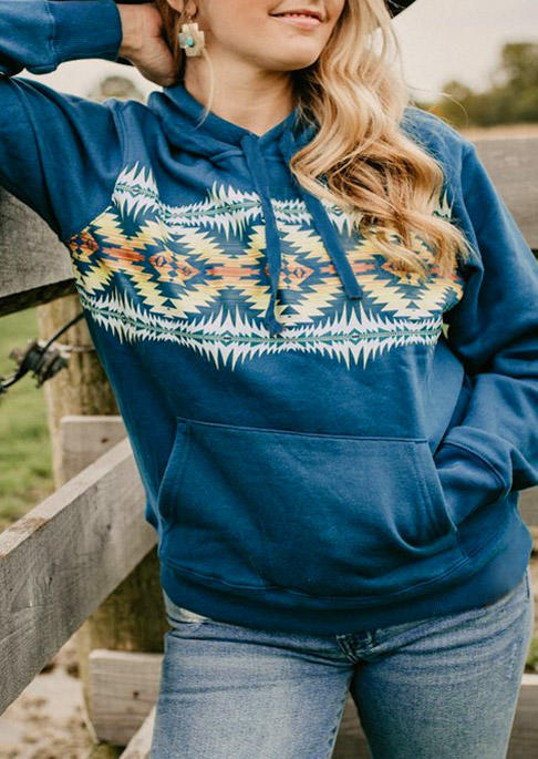 Aztec Geometric Kangaroo Pocket Hoodie - Deep Blue