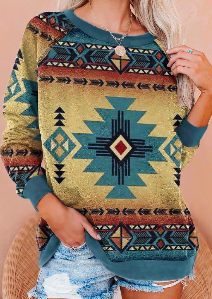 

Aztec Geometric O-Neck Sweatshirt, Multicolor, 526535