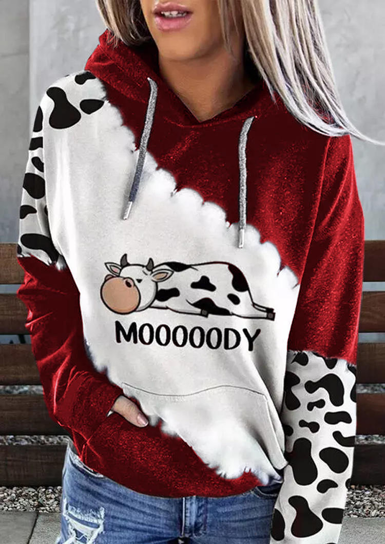 

Mooooody Cow Kangaroo Pocket Drawstring Hoodie - Burgundy, 526777