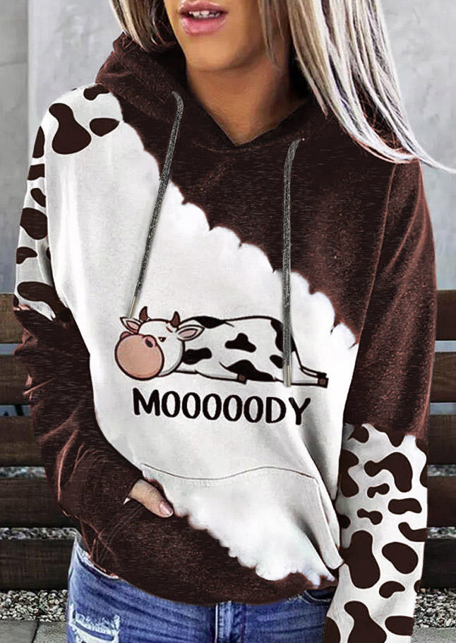 Mooooody Cow Kangaroo Pocket Drawstring Hoodie - Burgundy