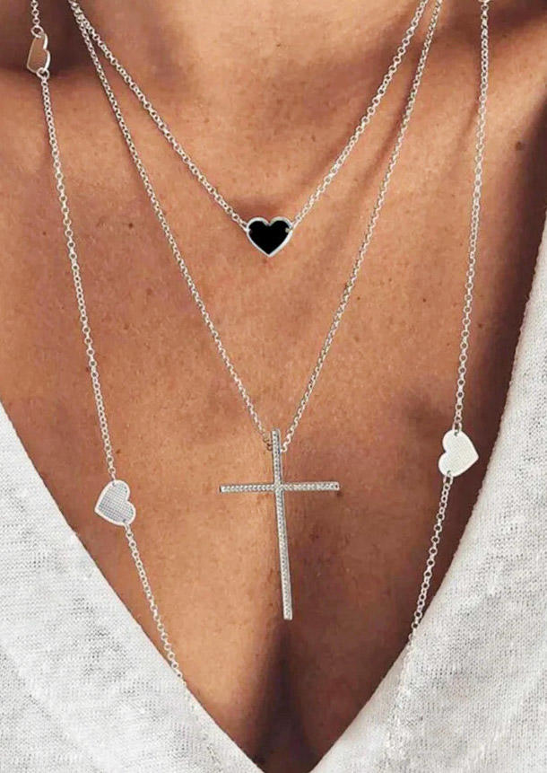 

Multi-Layered Valentine Heart Cross Necklace, Silver, 526823