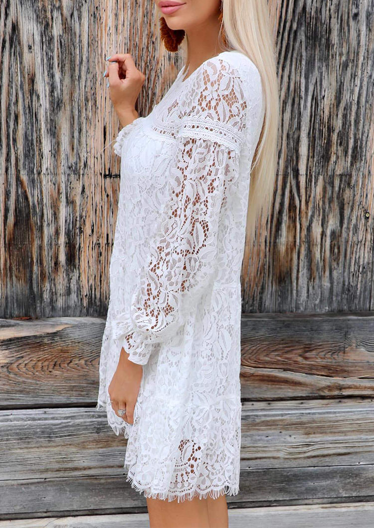 Lace Splicing Long Sleeve Mini Dress - White
