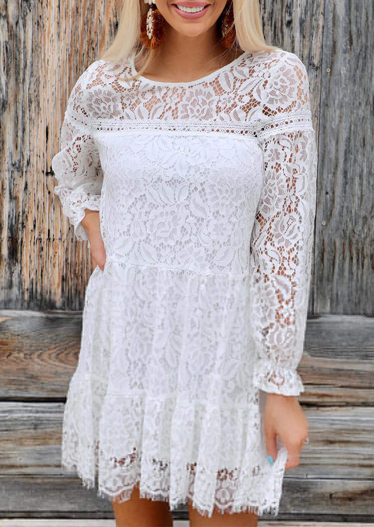 Lace Splicing Long Sleeve Mini Dress - White