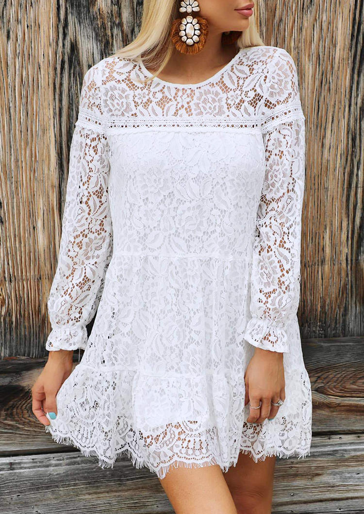 Lace Splicing Long Sleeve Mini Dress - White