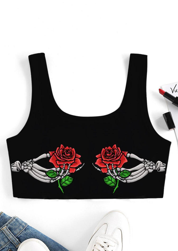 

Valentine Rose Skeleton Hand Crop Tank Top - Black, 526835