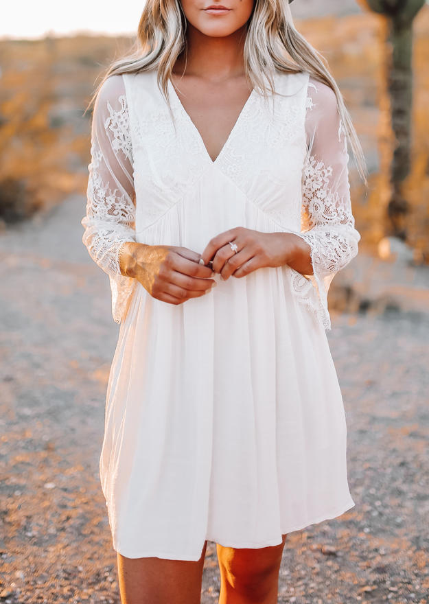 

Lace Ruffled V-Neck Mini Dress - White, 526843