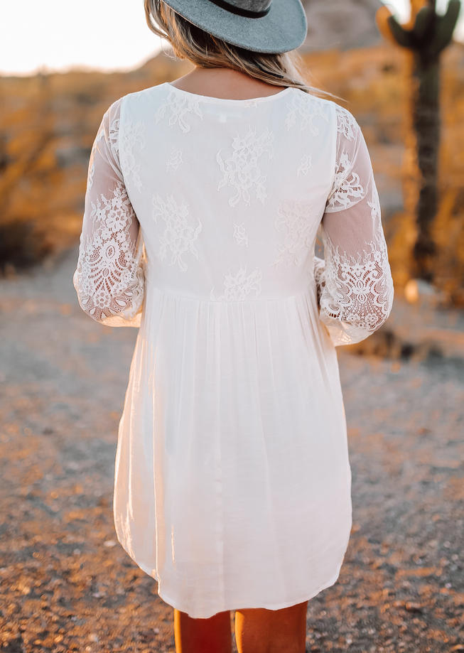 Lace Ruffled V-Neck Mini Dress - White