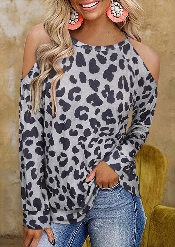 

Leopard Long Sleeve Cold Shoulder Blouse, 526320