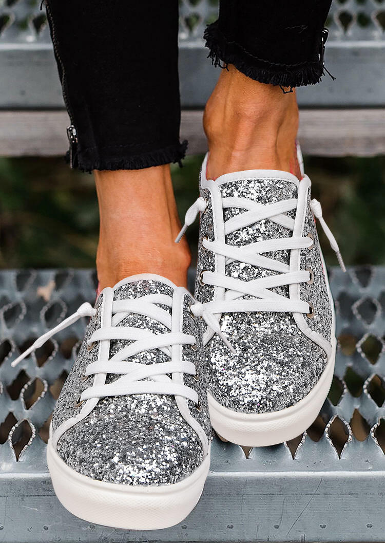 

Sequined Lace Up Round Toe Sneakers - Silver, 526324