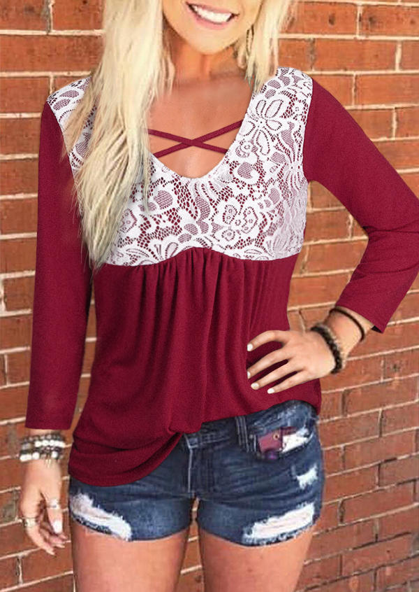 

Lace Criss-Cross Casual Blouse - Burgundy, 526499