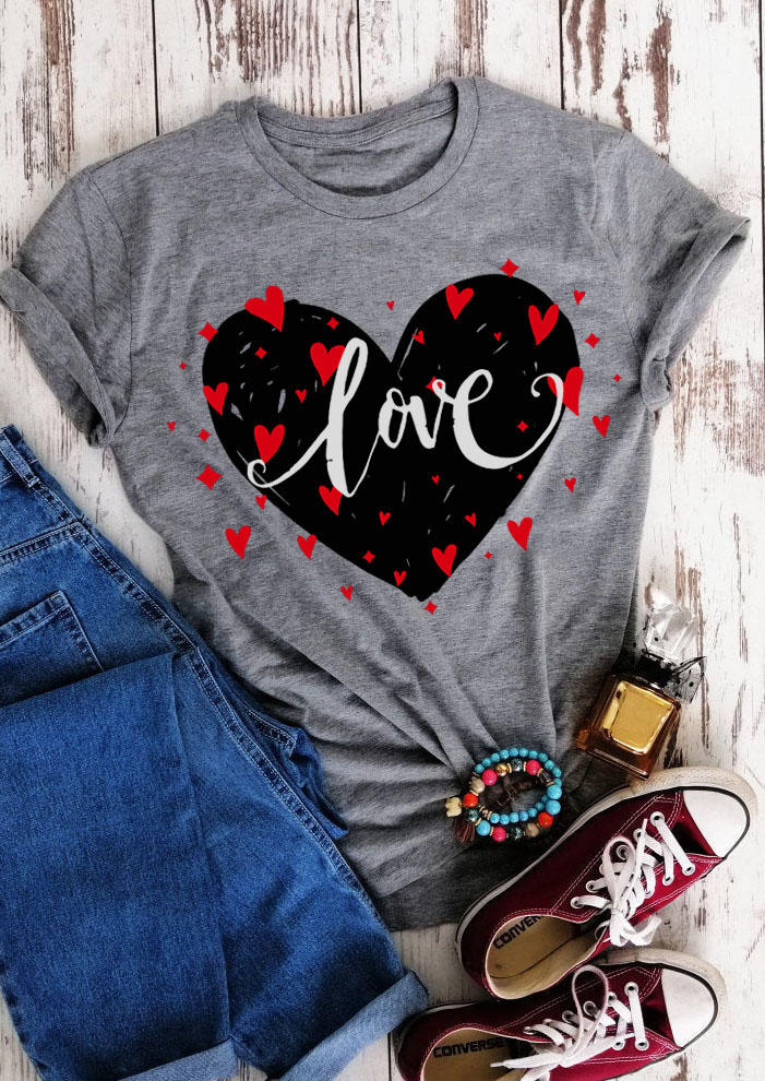 Buy Love Heart O-Neck T-Shirt Tee - Gray. Picture