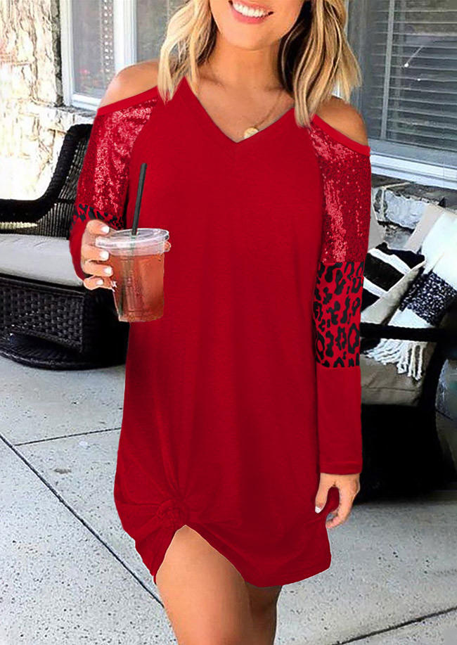 Sequined Leopard Cold Shoulder Mini Dress - Red