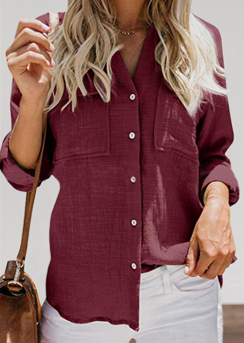

Pocket Button Long Sleeve Blouse - Burgundy, 526599