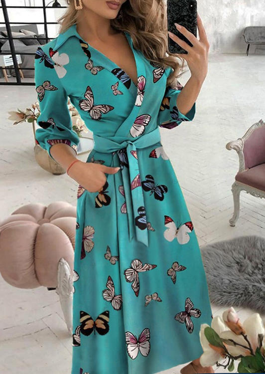 

Butterfly Wrap V-Neck Midi Dress - Cyan, 526611