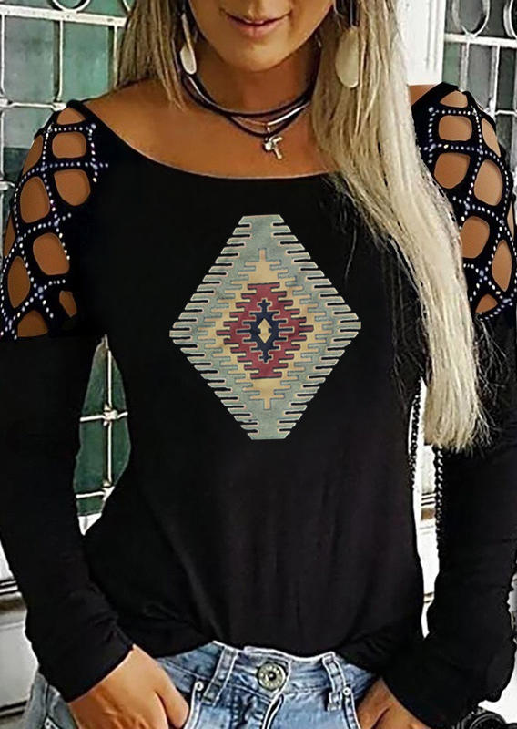 

Rhinestone Criss-Cross Aztec Geometric Blouse - Black, 526639