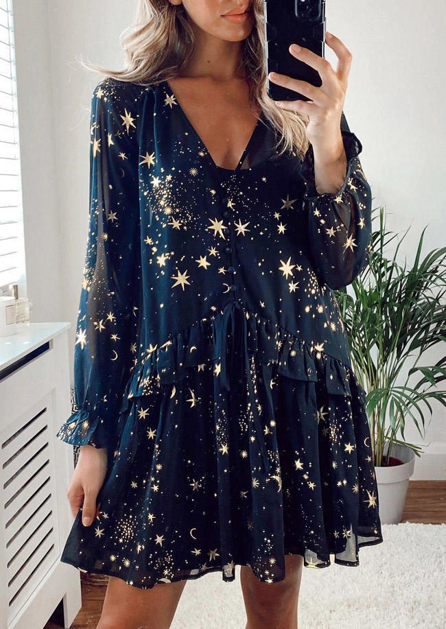 

Star Moon Chiffon Ruffled Mini Dress - Navy Blue, 526791