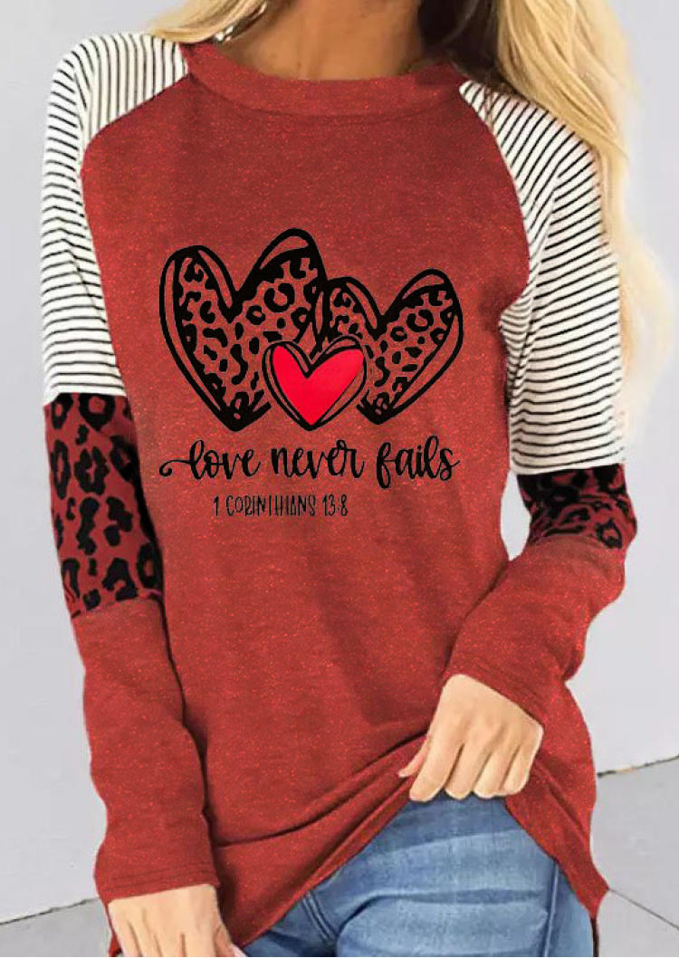 

Striped Leopard Heart Love Never Fails T-Shirt Tee - Brick Red, SCM000142