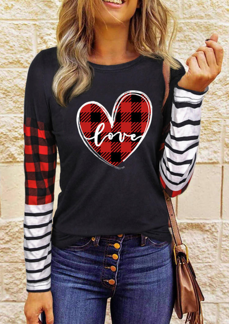 Valentine Love Plaid Striped Blouse -Black