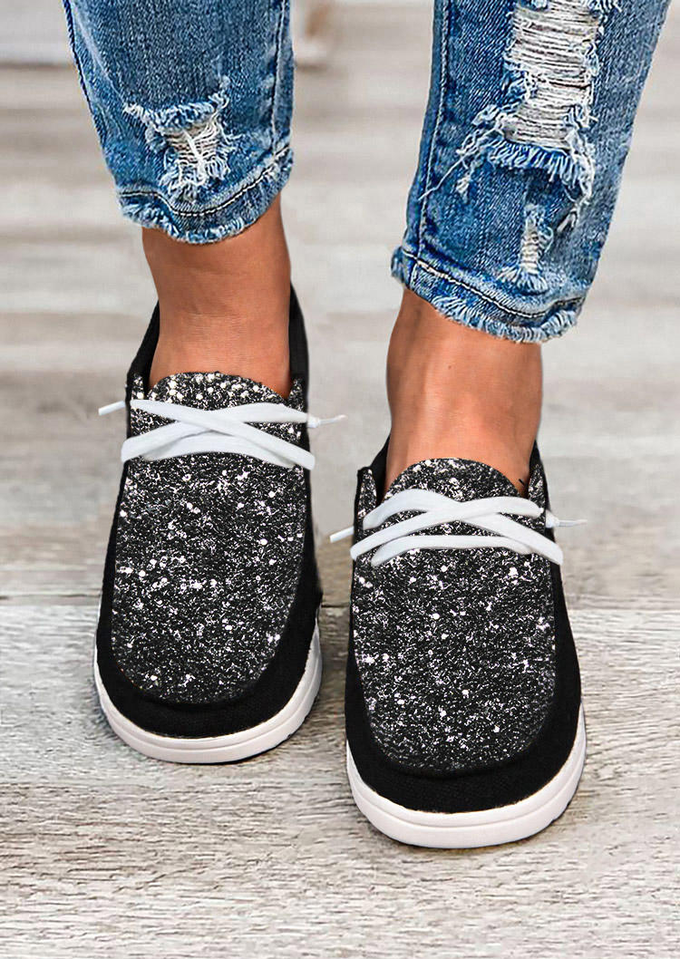 Glitter Slip On Round Toe Flat Sneakers - Black