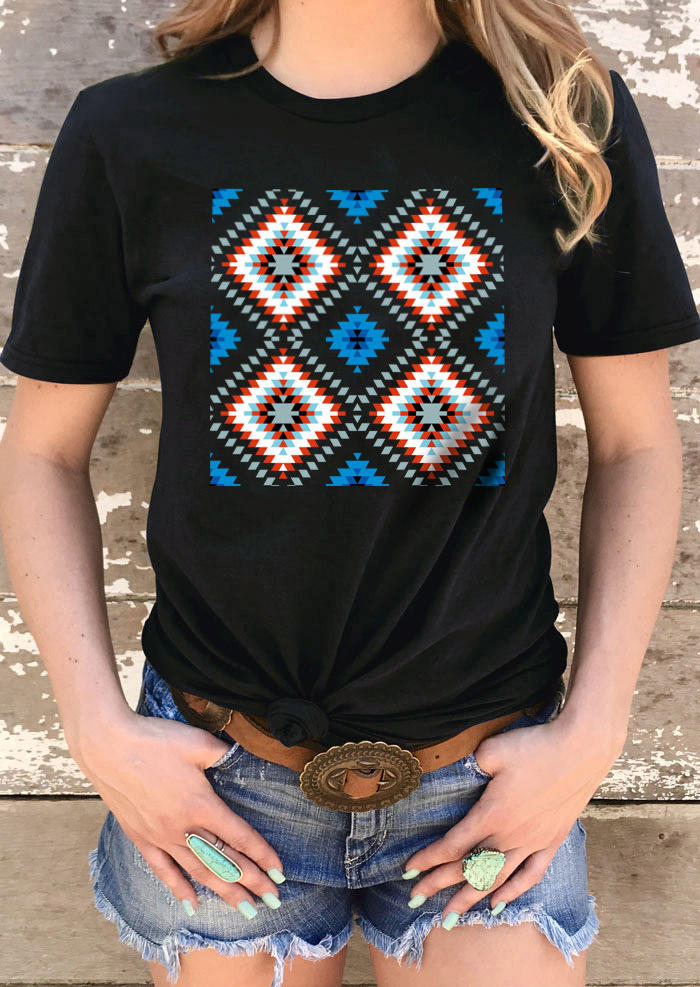 Aztec Geometric O-Neck T-Shirt Tee - Black