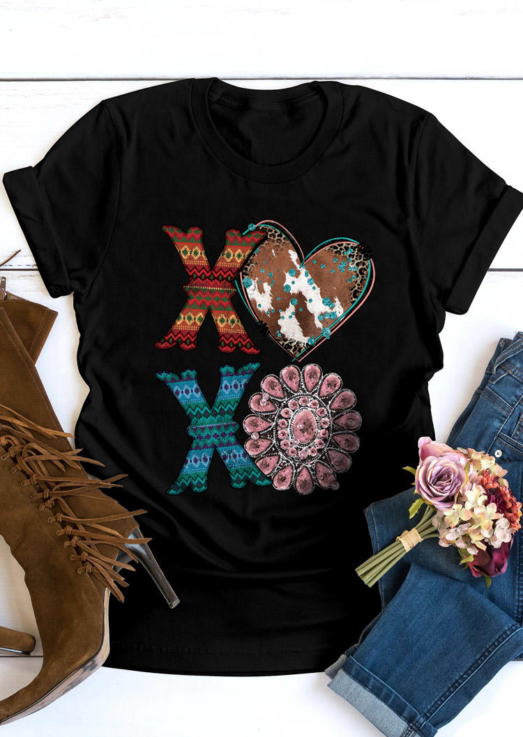 

Xoxo Heart Turquoise Cow T-Shirt Tee - Black, 525901