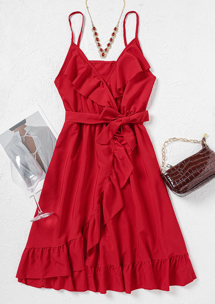 Ruffled Spaghetti Strap Mini Dress - Red