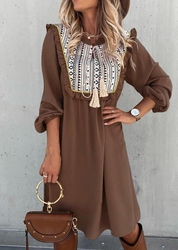 

Ruffled Geometric Tassel Tie Mini Dress - Light Coffee, 526413
