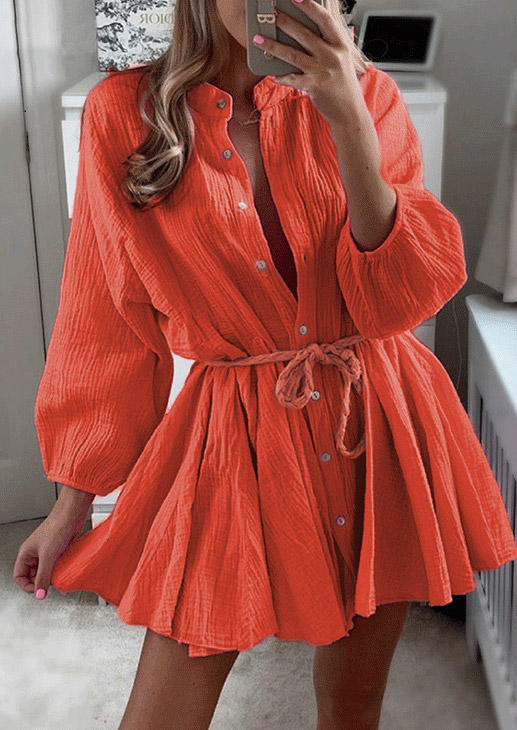 

Button Long Sleeve Mini Dress - Orange, 526428