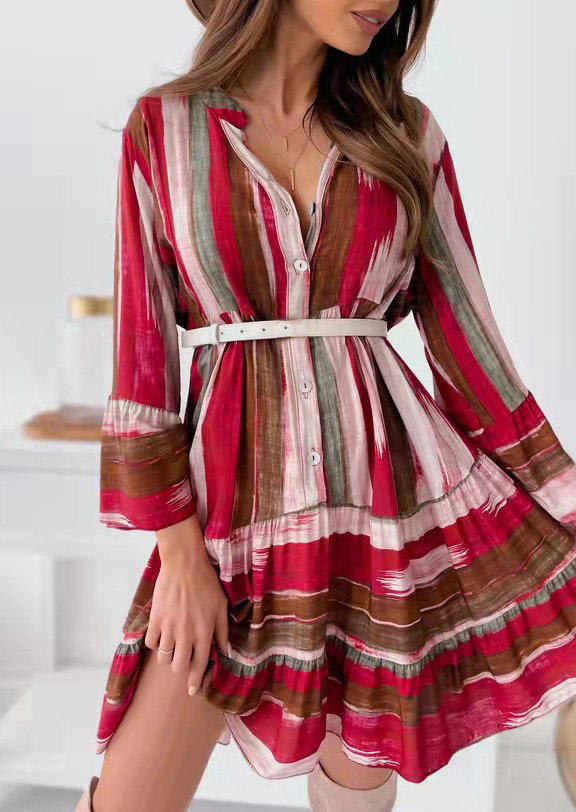 

Colorful Striped Ruffled Button Mini Dress, Multicolor, 526434
