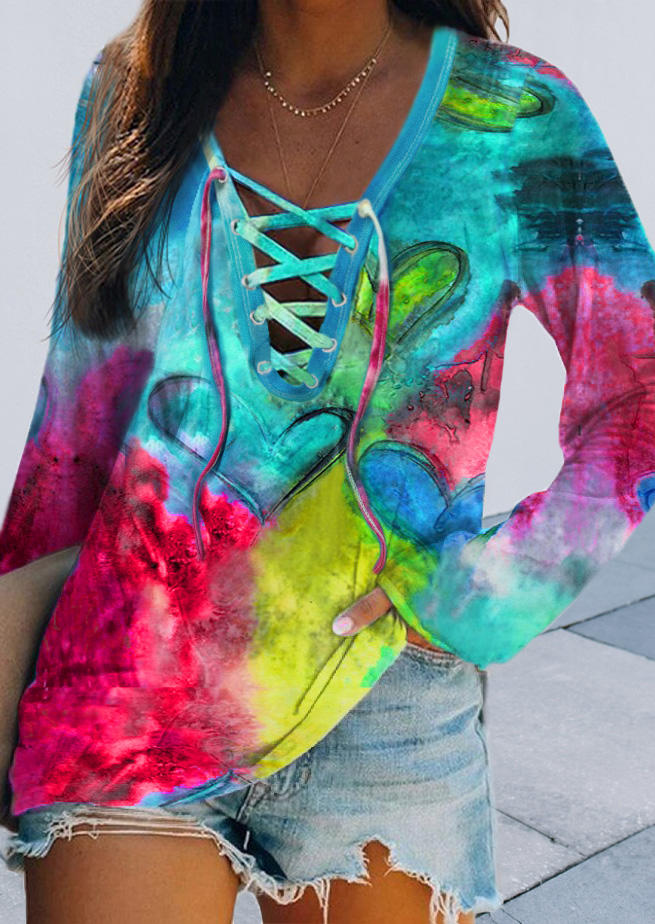 

Valentine Tie Dye Heart Lace Up Blouse, Multicolor, 526465