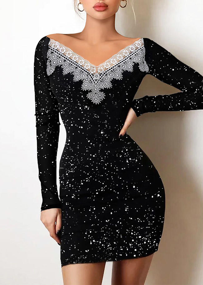 

Lace Splicing V-Neck Bodycon Dress - Black, 526491