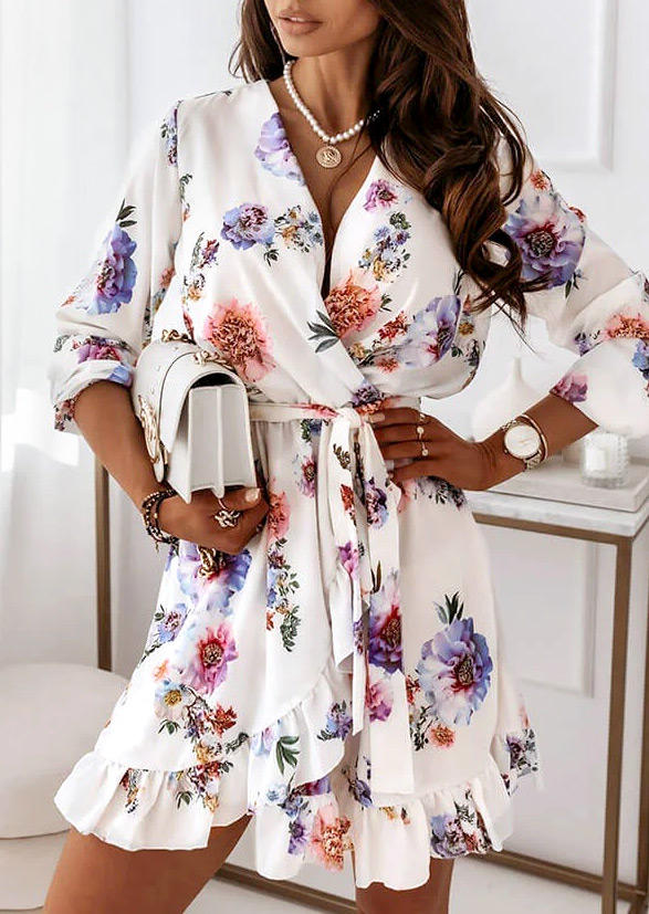 

Floral Wrap Ruffled V-Neck Mini Dress - White, 526634