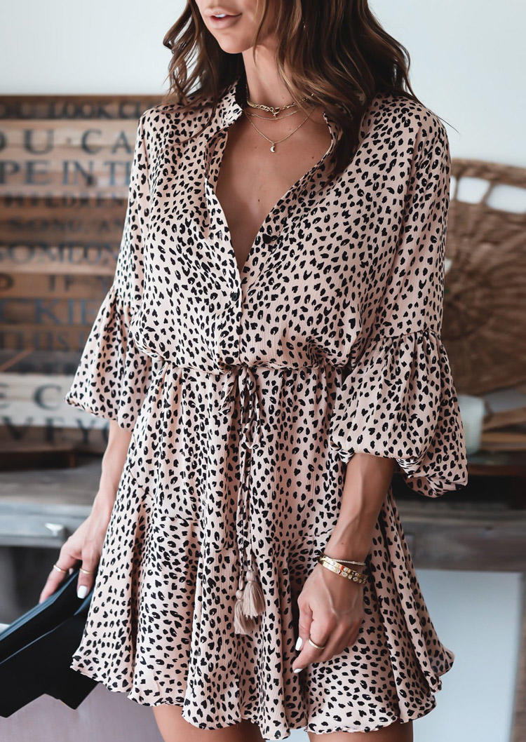 Leopard Tassel Drawstring Elastic Cuff Mini Dress