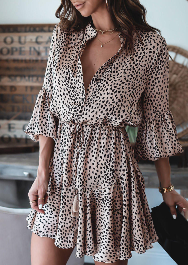 Leopard Tassel Drawstring Elastic Cuff Mini Dress