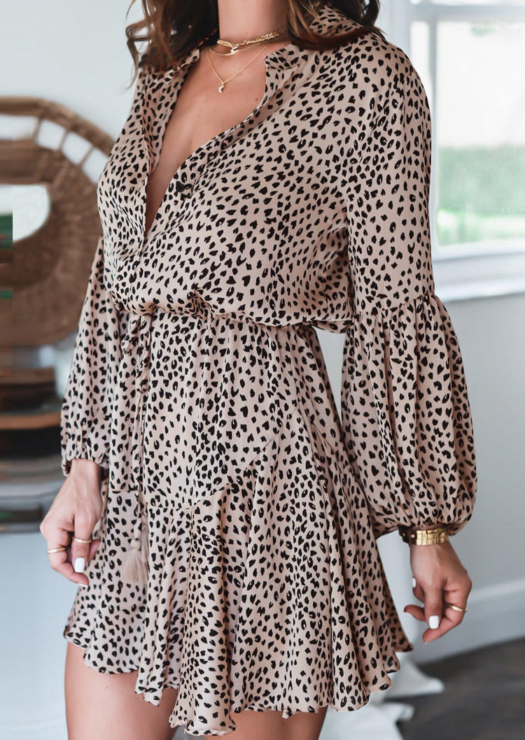 Leopard Tassel Drawstring Elastic Cuff Mini Dress