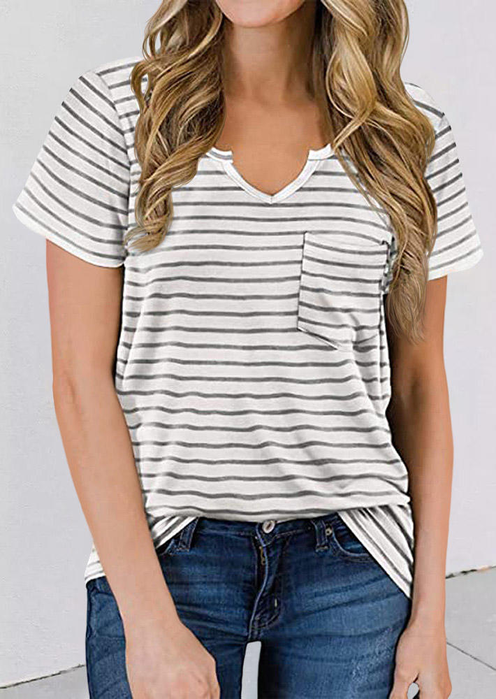 

Striped Pocket Notched Neck Blouse, Stripe, 526660