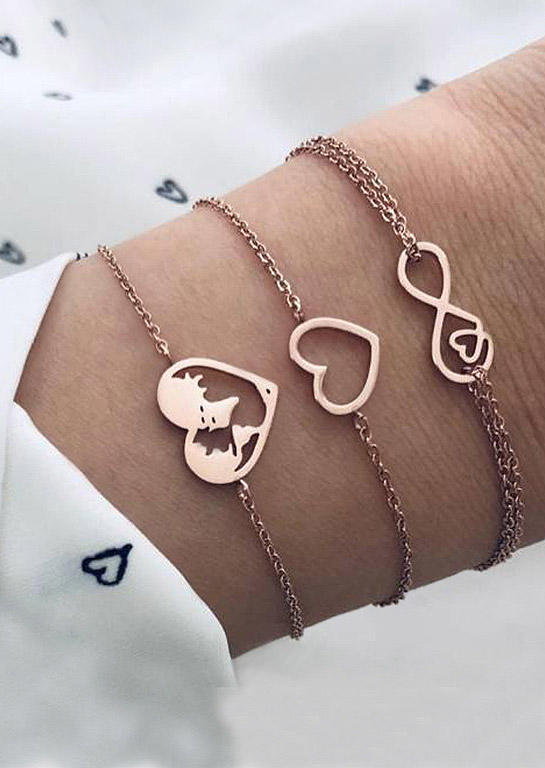 

3Pcs Valentine Heart Hollow Out Bracelet Set, Gold, 526675