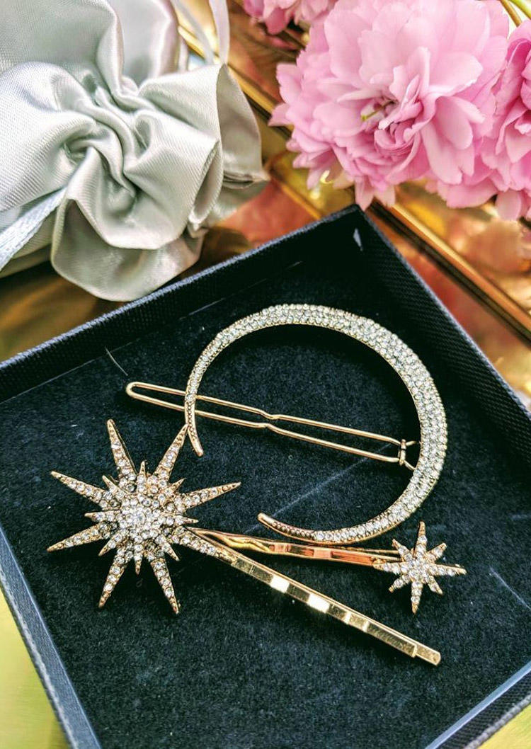 

3Pcs Geometric Moon Star Rhinestone Hairpin, Gold;silver, 526729