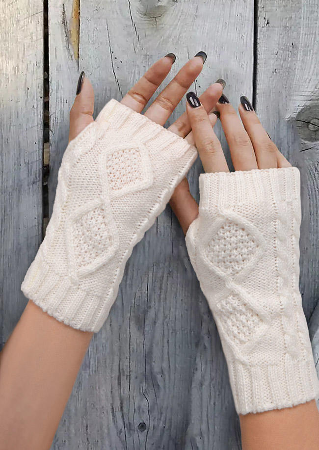 

Geometric Knitted Fingerless Gloves, White, 526811