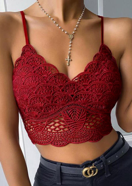 

Lace Hollow Out Adjustable Strap Crop Top - Burgundy, 526862
