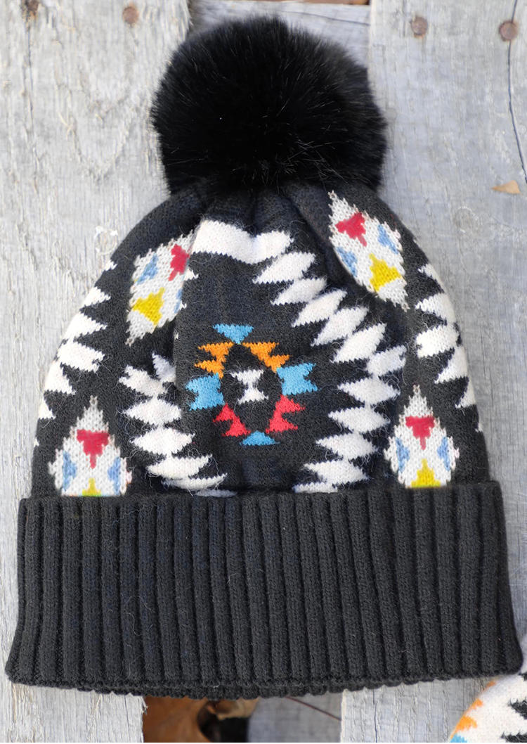 

Aztec Geometric Knitted Beanie Hat, Black, 527065