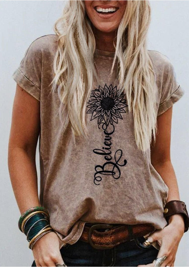 Buy Sunflower Believe O-Neck T-Shirt Tee - Light Coffee. Picture