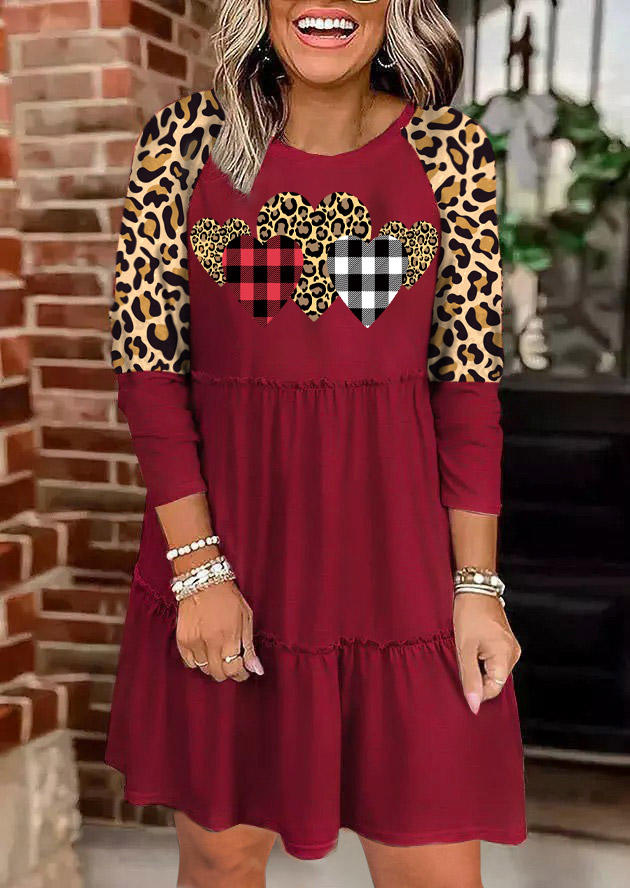 

Plaid Leopard Heart Ruffled Mini Dress - Burgundy, Red, 525460