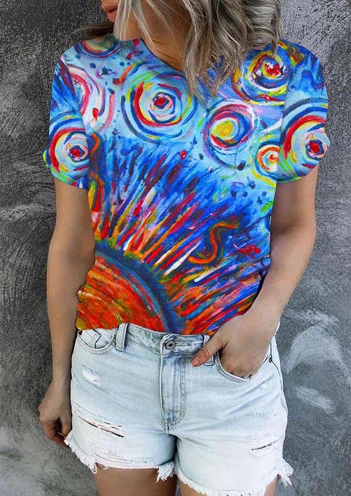 

Tie Dye O-Neck Short Sleeve Blouse, Multicolor, 526369