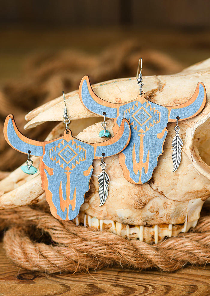 

Aztec Geometric Steer Skull Turquoise Feather Earrings, Gold;lake blue, 526456