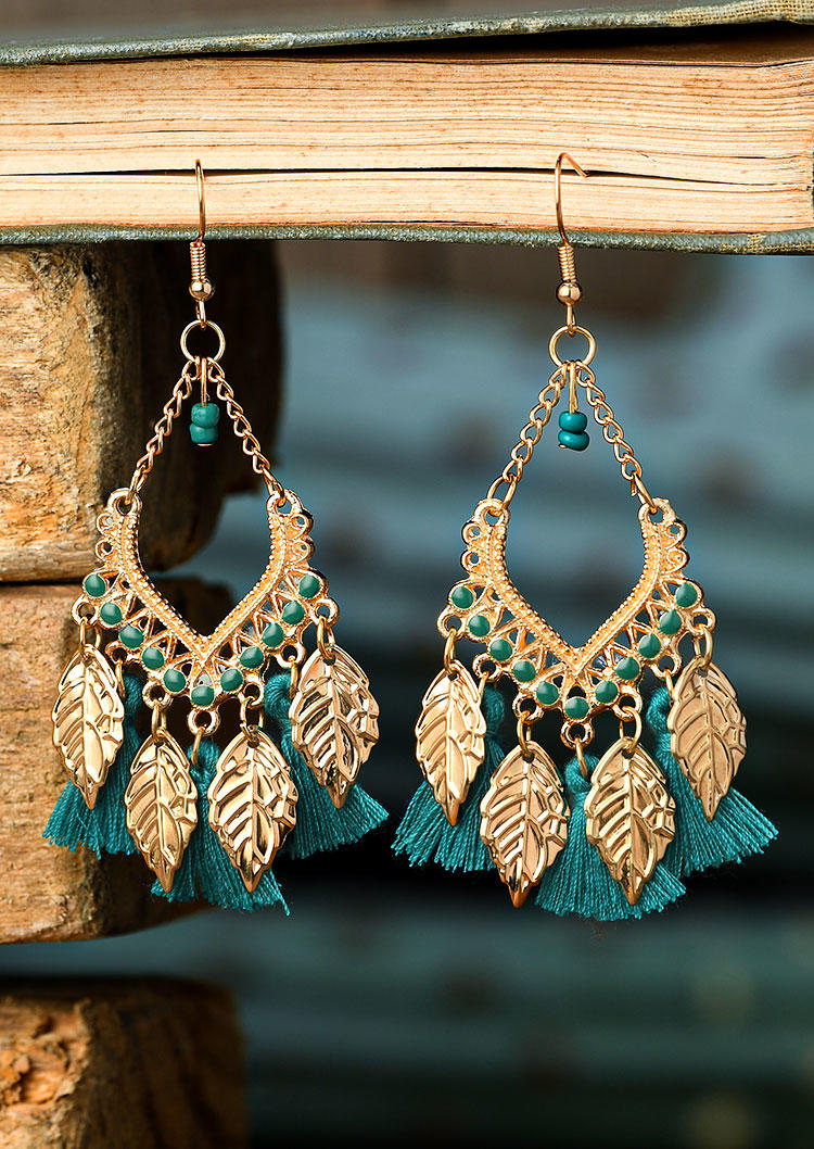 

Leaf Tassel Hook Alloy Earrings, Cyan, 526596